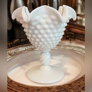 Fenton White Milk Glass Hobnail Pedestal Ruffled Compote Candy Dish